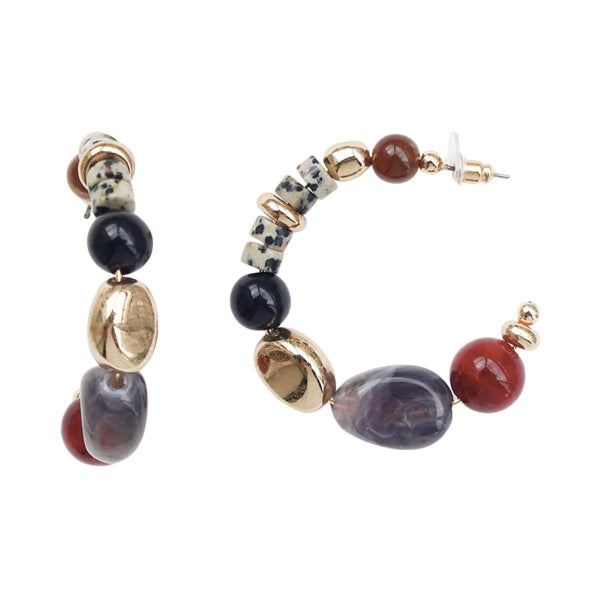Marbled Bead Metal Accent Hoop Earring