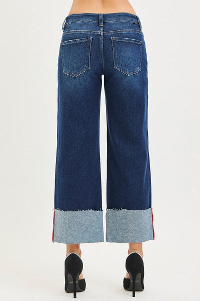 Cropped Wide Leg Cuffed Denim