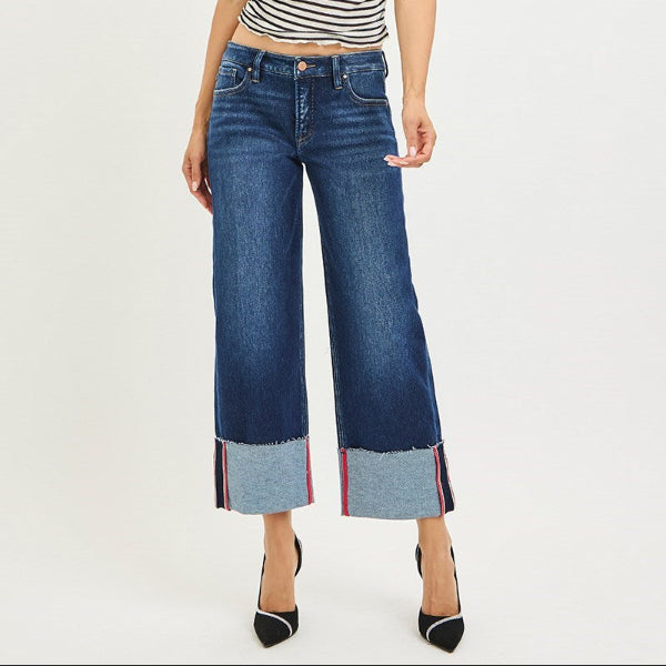 Cropped Wide Leg Cuffed Denim