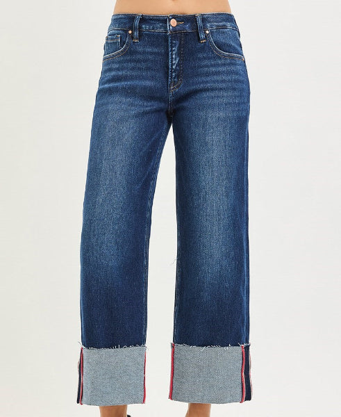 Cropped Wide Leg Cuffed Denim