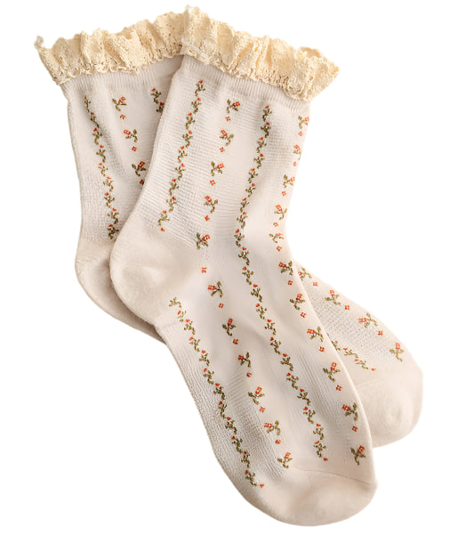 Floral Print Crochet Trim Socks