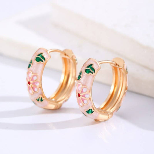 Vintage Cloisonne Floral Hoop Earrings
